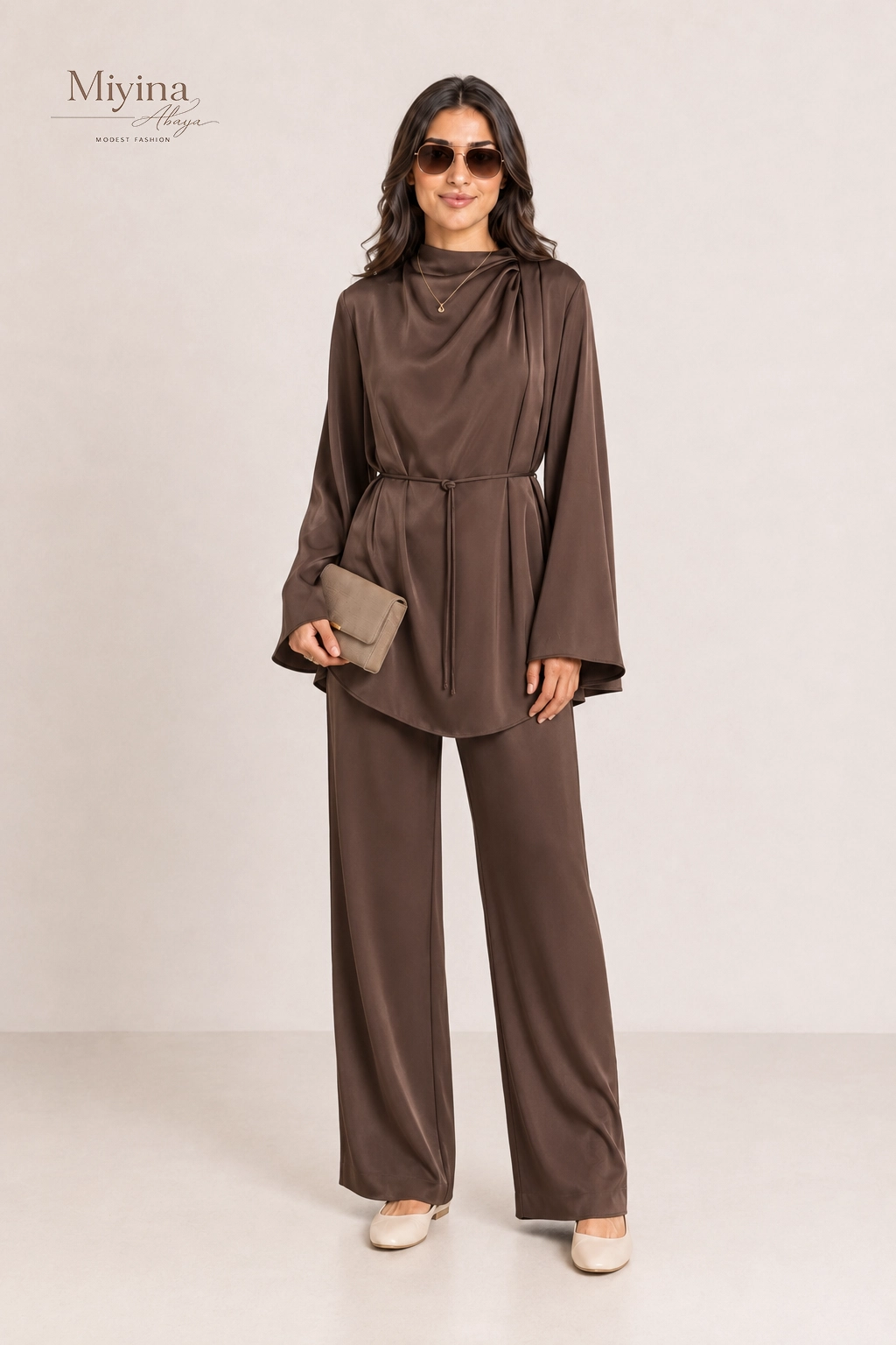 Miyina Wholesale Asymmetric Pleat Blouse Ash Brown Custom Versatile Piece With Presence Muslim Manufacturer