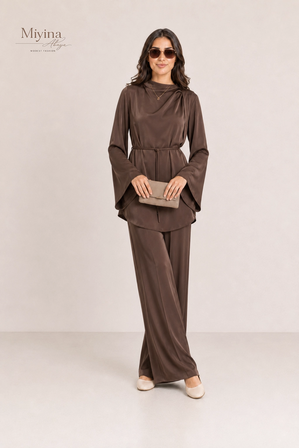 Miyina Wholesale Asymmetric Pleat Blouse Ash Brown Custom Versatile Piece With Presence Muslim Manufacturer