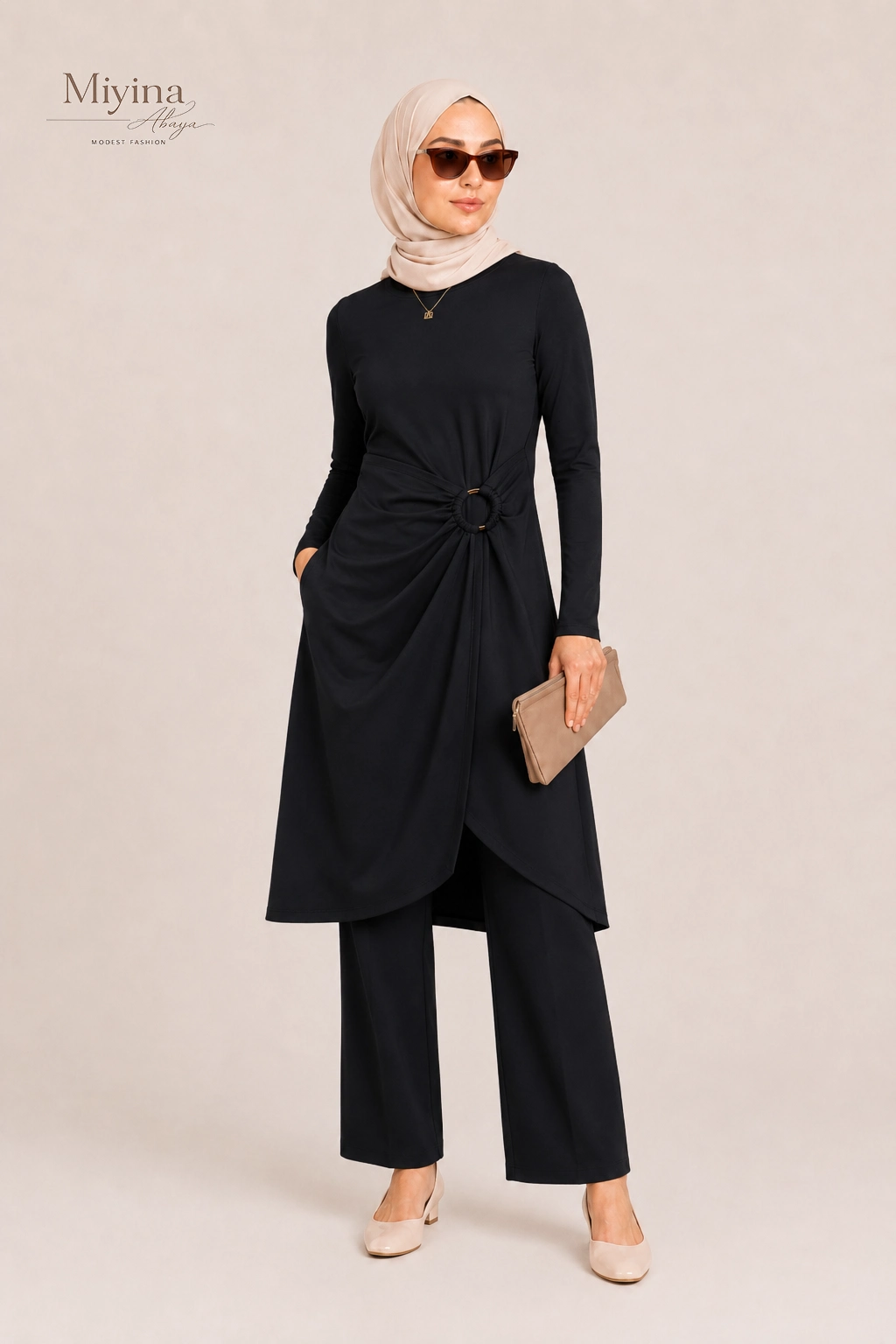 Miyina Wholesale Gathered Swim Dress Black Custom Voluminous Silhouette Muslim Manufacturer