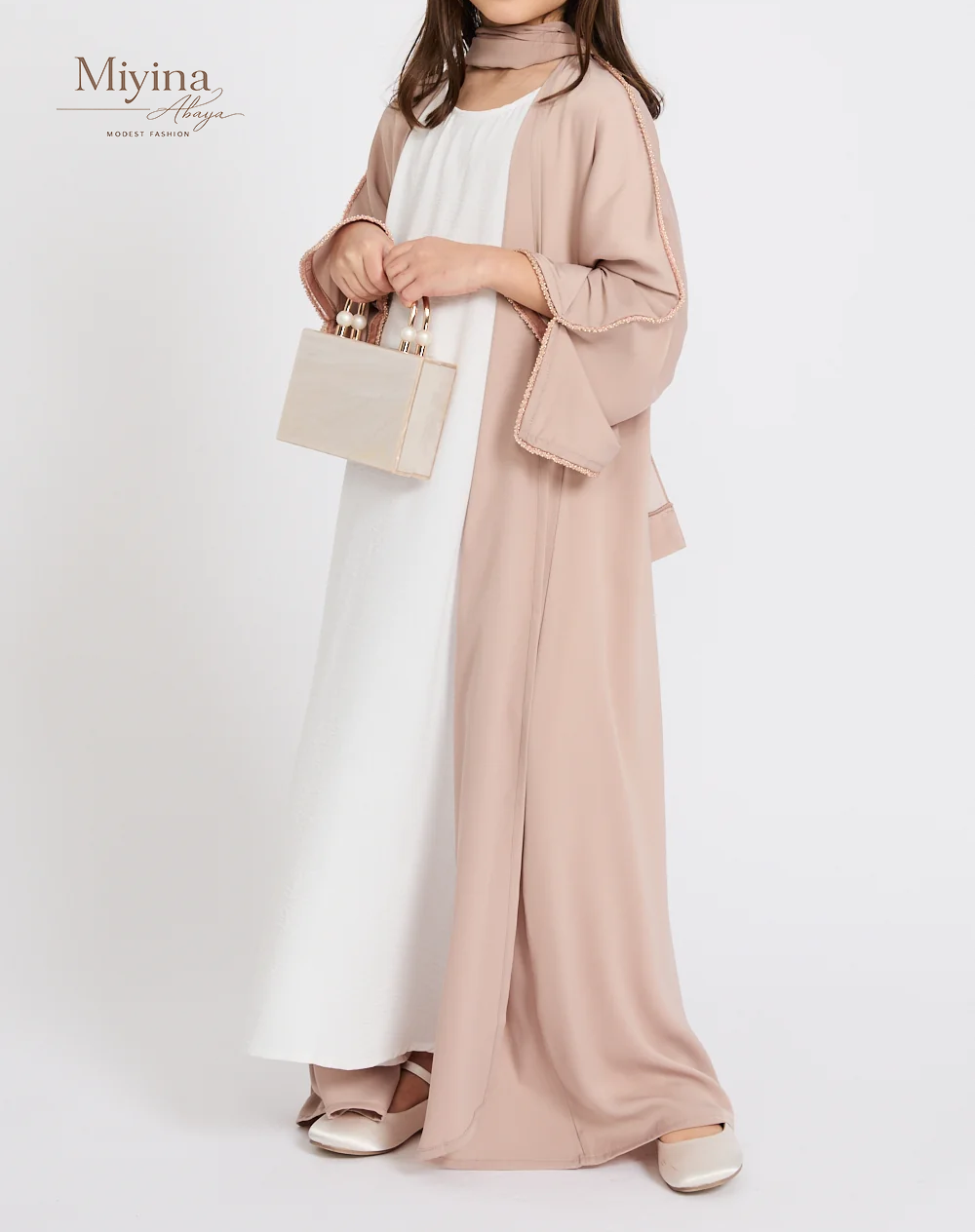 Miyina Wholesale Junior Girls 4-Piece Open Abaya Set with Lace Sleeve Detailing Nude Mink OEMODM Manufacturer Low MOQ-sku1