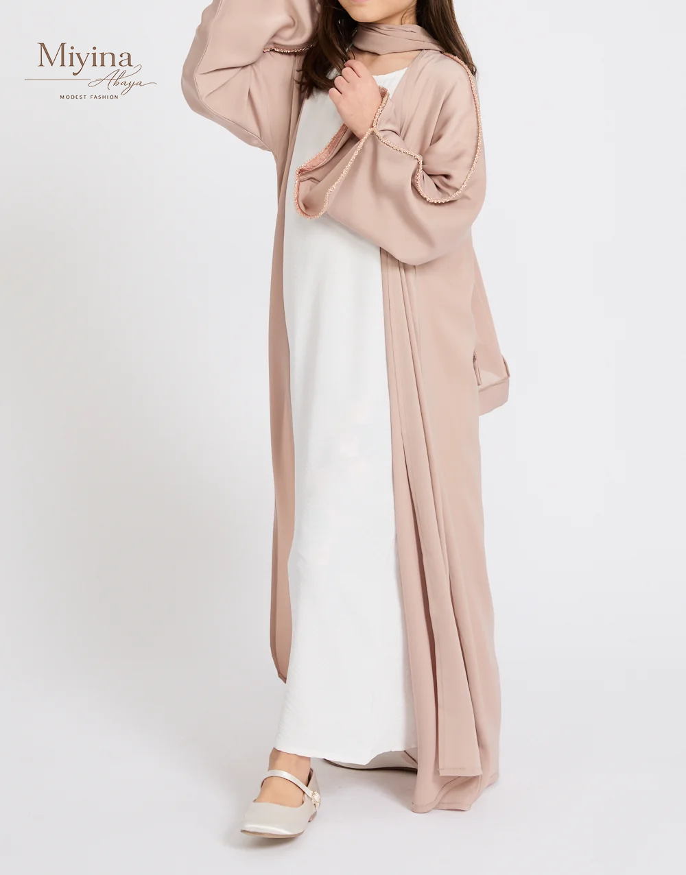 Miyina Wholesale Junior Girls 4-Piece Open Abaya Set with Lace Sleeve Detailing Nude Mink OEMODM Manufacturer Low MOQ-sku2