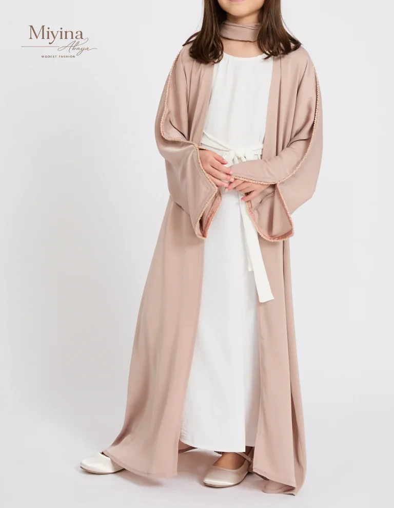 Miyina Wholesale Junior Girls 4-Piece Open Abaya Set with Lace Sleeve Detailing Nude Mink OEMODM Manufacturer Low MOQ-sku3