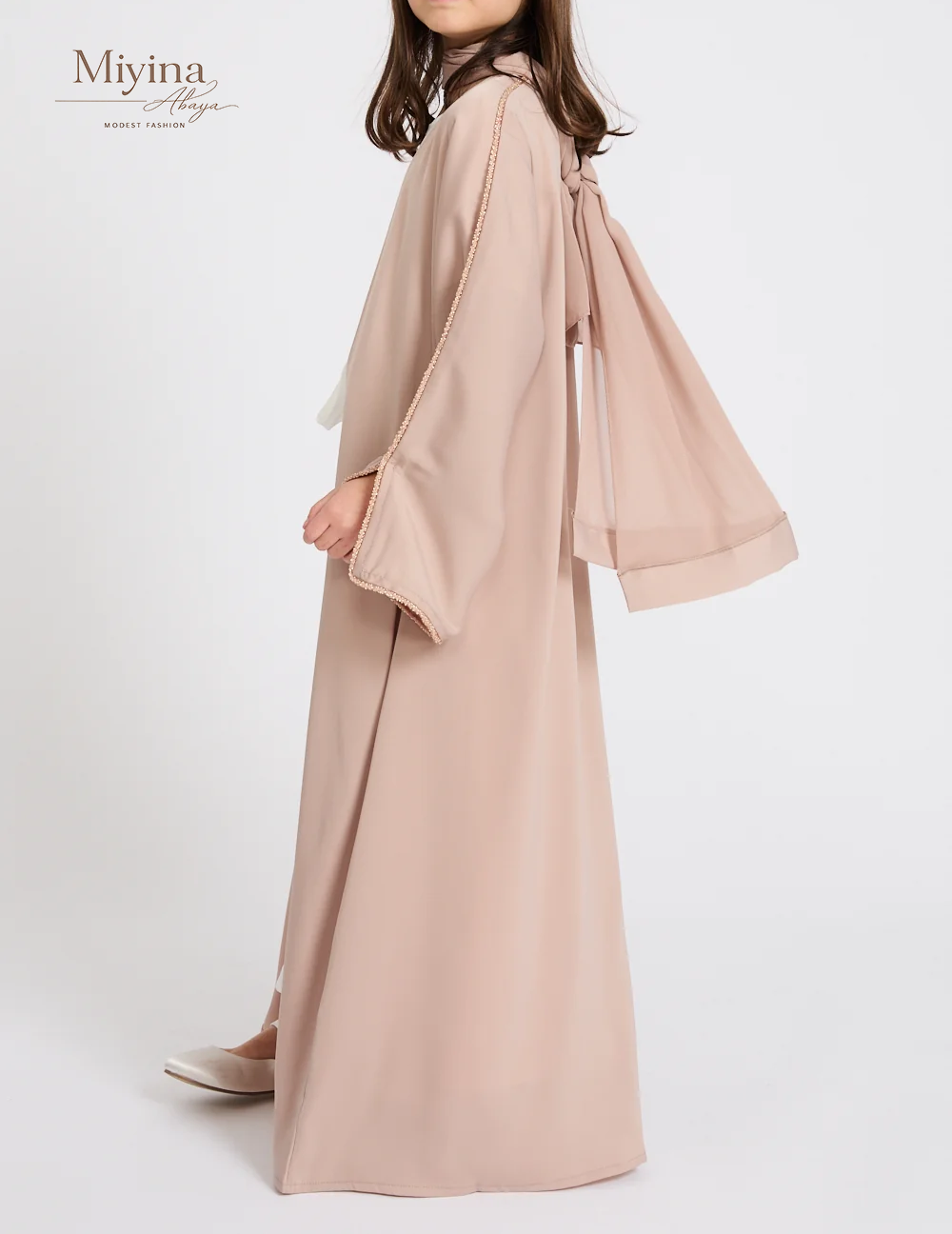 Miyina Wholesale Junior Girls 4-Piece Open Abaya Set with Lace Sleeve Detailing Nude Mink OEMODM Manufacturer Low MOQ-sku6