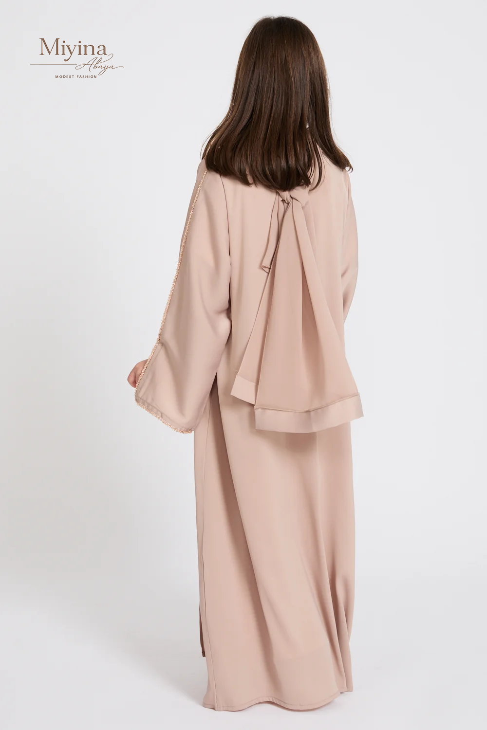 Miyina Wholesale Junior Girls 4-Piece Open Abaya Set with Lace Sleeve Detailing Nude Mink OEMODM Manufacturer Low MOQ-sku7