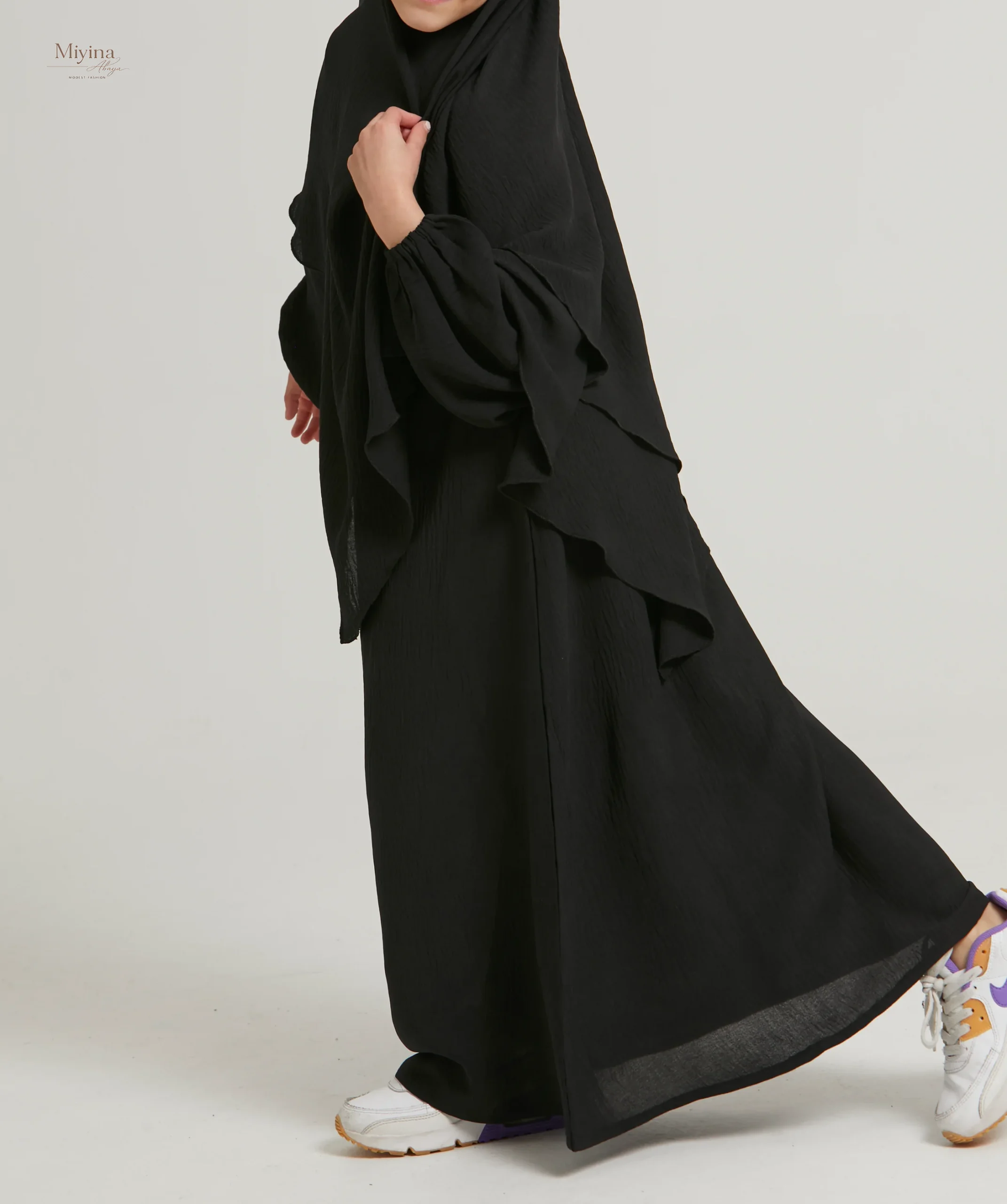 Miyina Wholesale Junior Girls Black Abaya with 2-Layer Khimar Set Soft Crush Polyester Fabric OEMODM Manufacturer Low MOQ-sku1