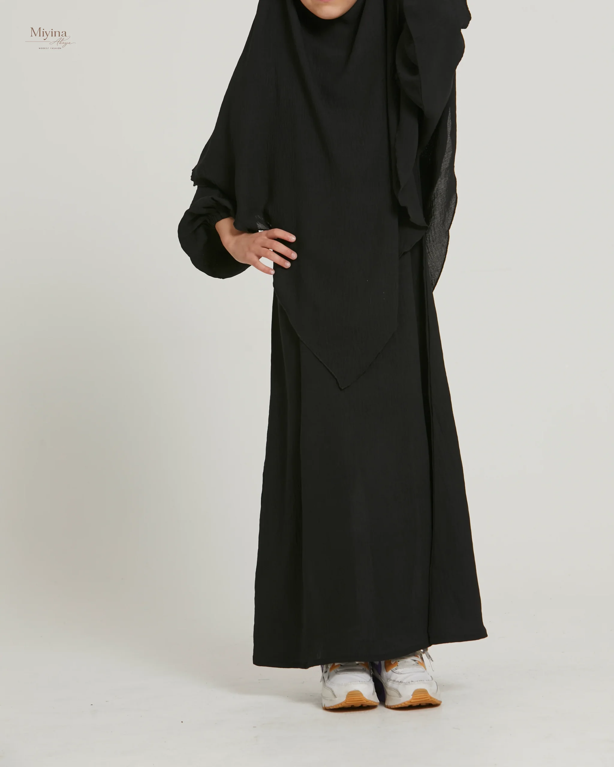 Miyina Wholesale Junior Girls Black Abaya with 2-Layer Khimar Set Soft Crush Polyester Fabric OEMODM Manufacturer Low MOQ-sku3