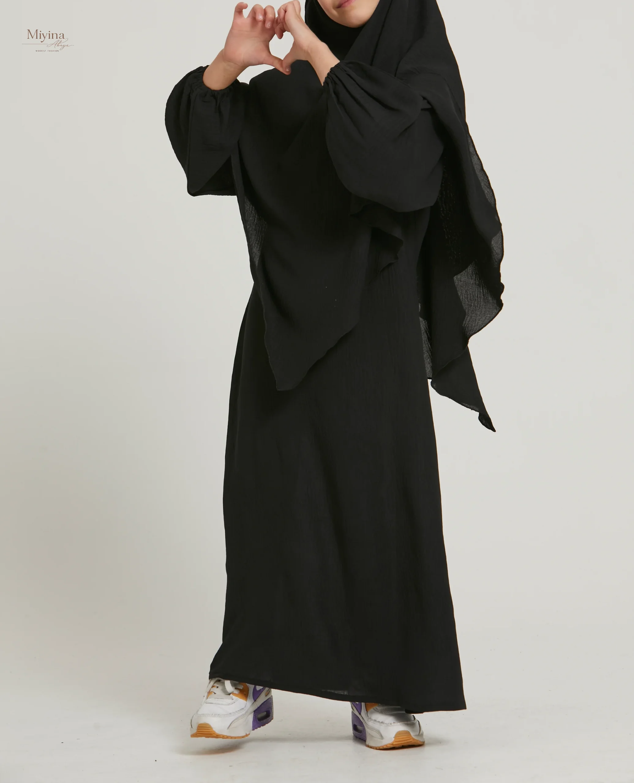 Miyina Wholesale Junior Girls Black Abaya with 2-Layer Khimar Set Soft Crush Polyester Fabric OEMODM Manufacturer Low MOQ-sku4