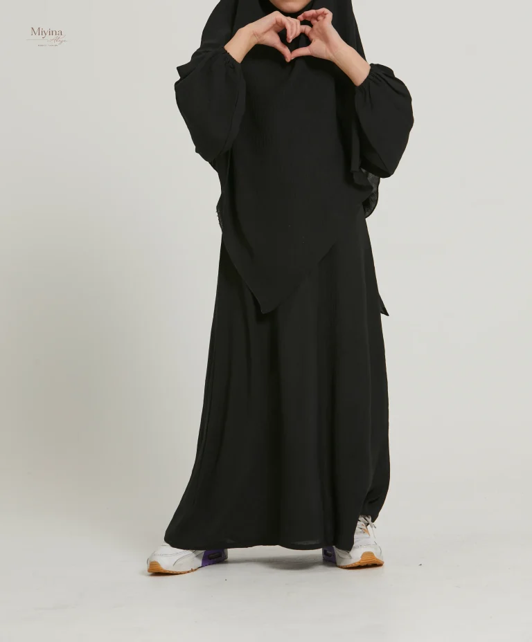 Miyina Wholesale Junior Girls Black Abaya with 2-Layer Khimar Set Soft Crush Polyester Fabric OEMODM Manufacturer Low MOQ-sku5