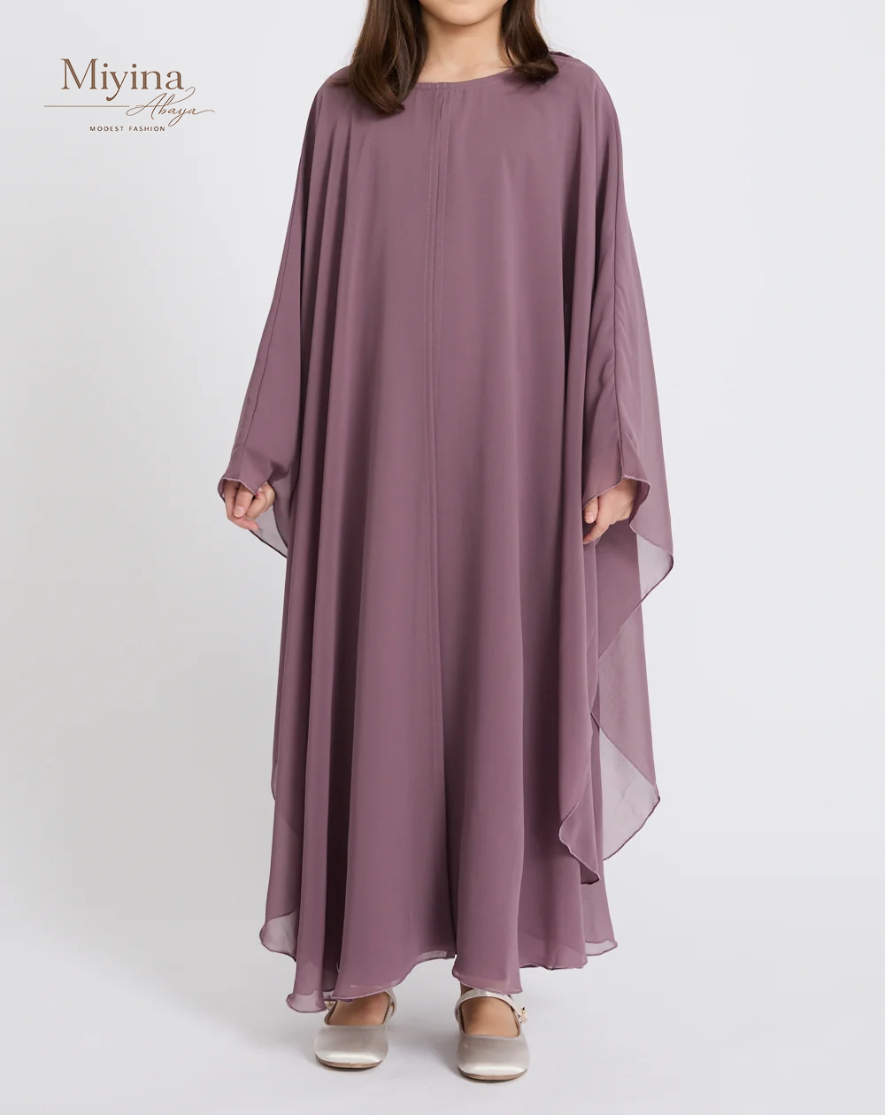 Miyina Wholesale Junior Girls Closed Abaya with Butterfly Cut Chiffon Overlay Lilac Mauve Premium Nidha Fabric OEMODM Manufacturer Low MOQ-sku1