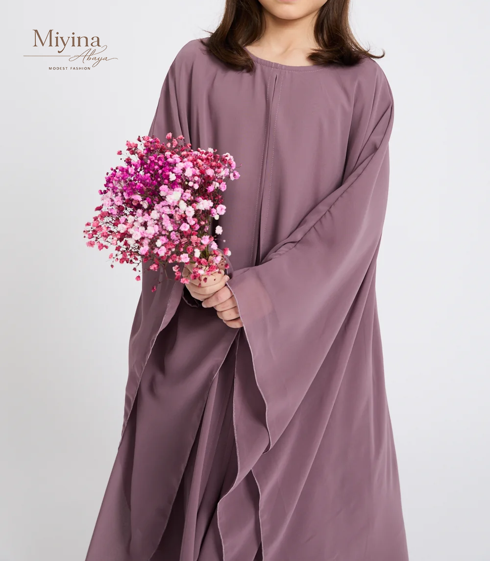 Miyina Wholesale Junior Girls Closed Abaya with Butterfly Cut Chiffon Overlay Lilac Mauve Premium Nidha Fabric OEMODM Manufacturer Low MOQ-sku4