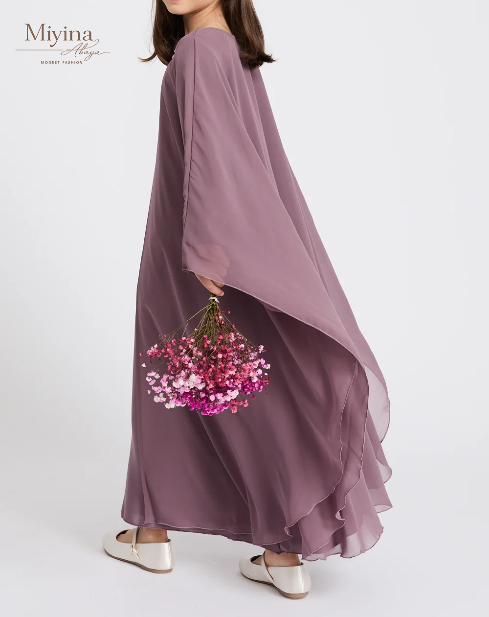 Miyina Wholesale Junior Girls Closed Abaya with Butterfly Cut Chiffon Overlay Lilac Mauve Premium Nidha Fabric OEMODM Manufacturer Low MOQ-sku5