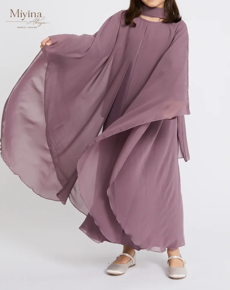 Miyina Wholesale Junior Girls Closed Abaya with Butterfly Cut Chiffon Overlay Lilac Mauve Premium Nidha Fabric OEMODM Manufacturer Low MOQ-sku6