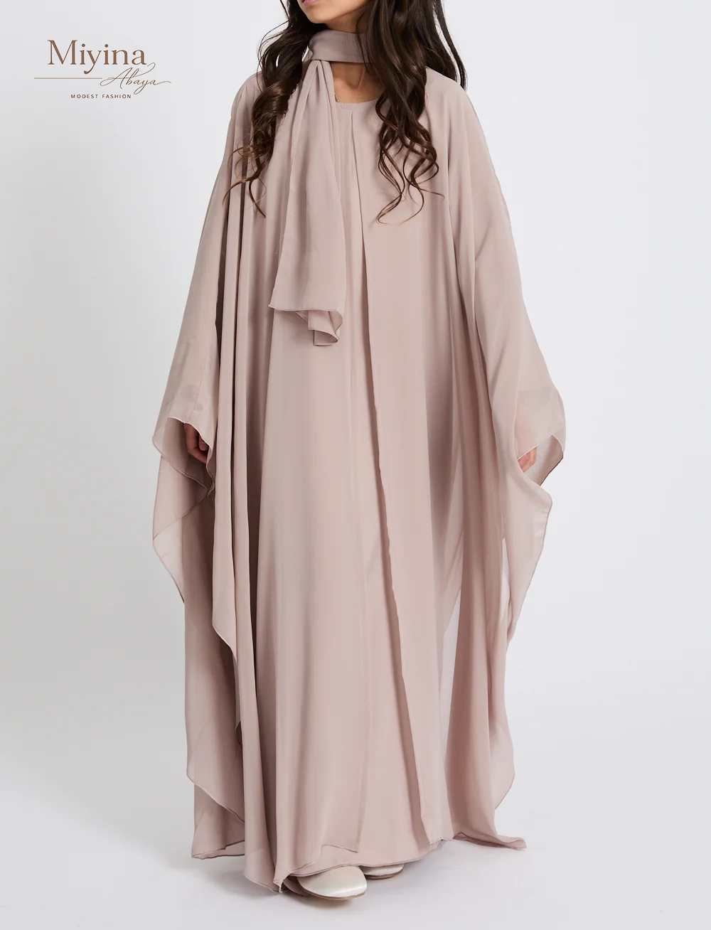 Miyina Wholesale Junior Girls Closed Abaya with Butterfly Cut Misty Mink Chiffon Overlay OEMODM Manufacturer Low MOQ-sku2