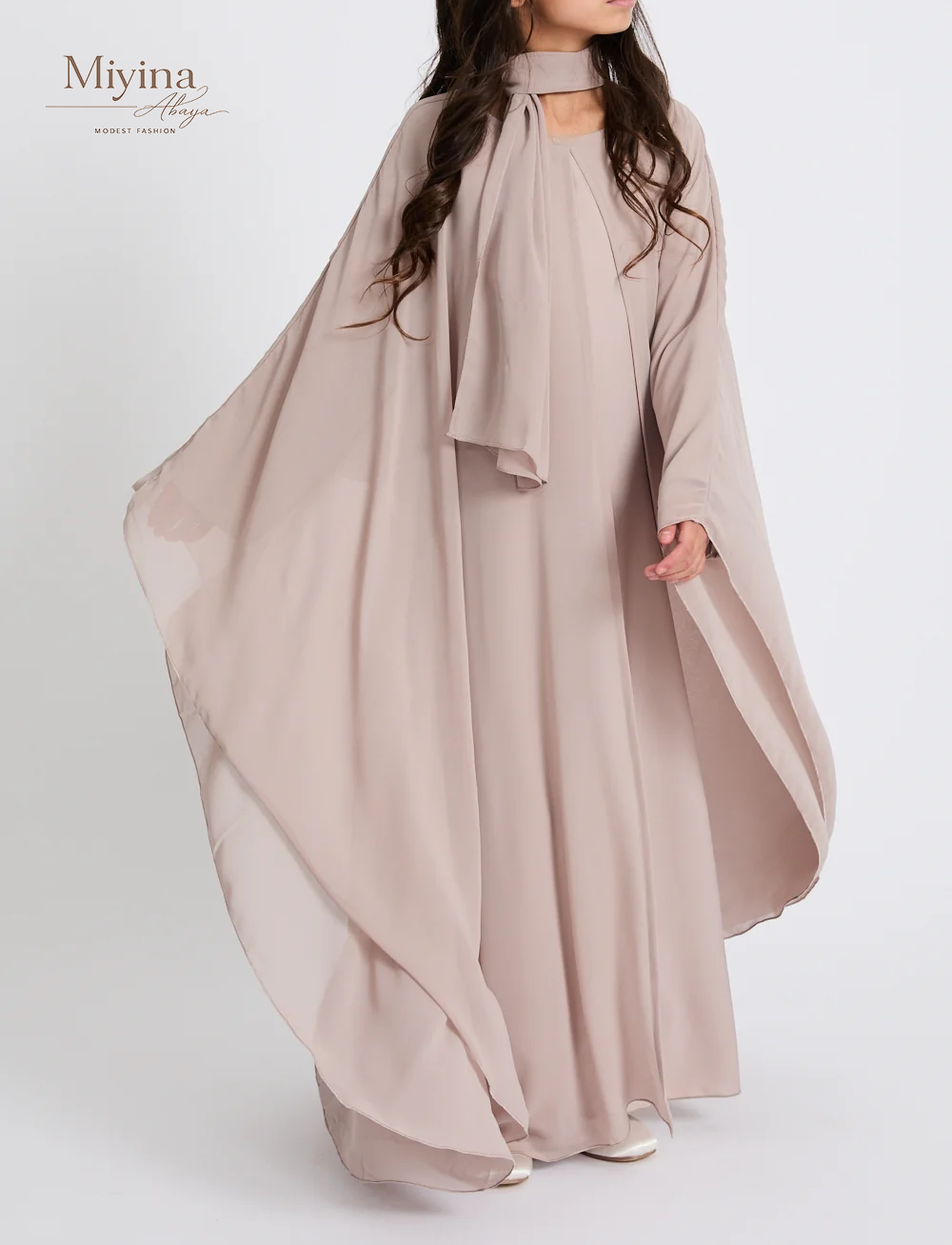 Miyina Wholesale Junior Girls Closed Abaya with Butterfly Cut Misty Mink Chiffon Overlay OEMODM Manufacturer Low MOQ-sku4