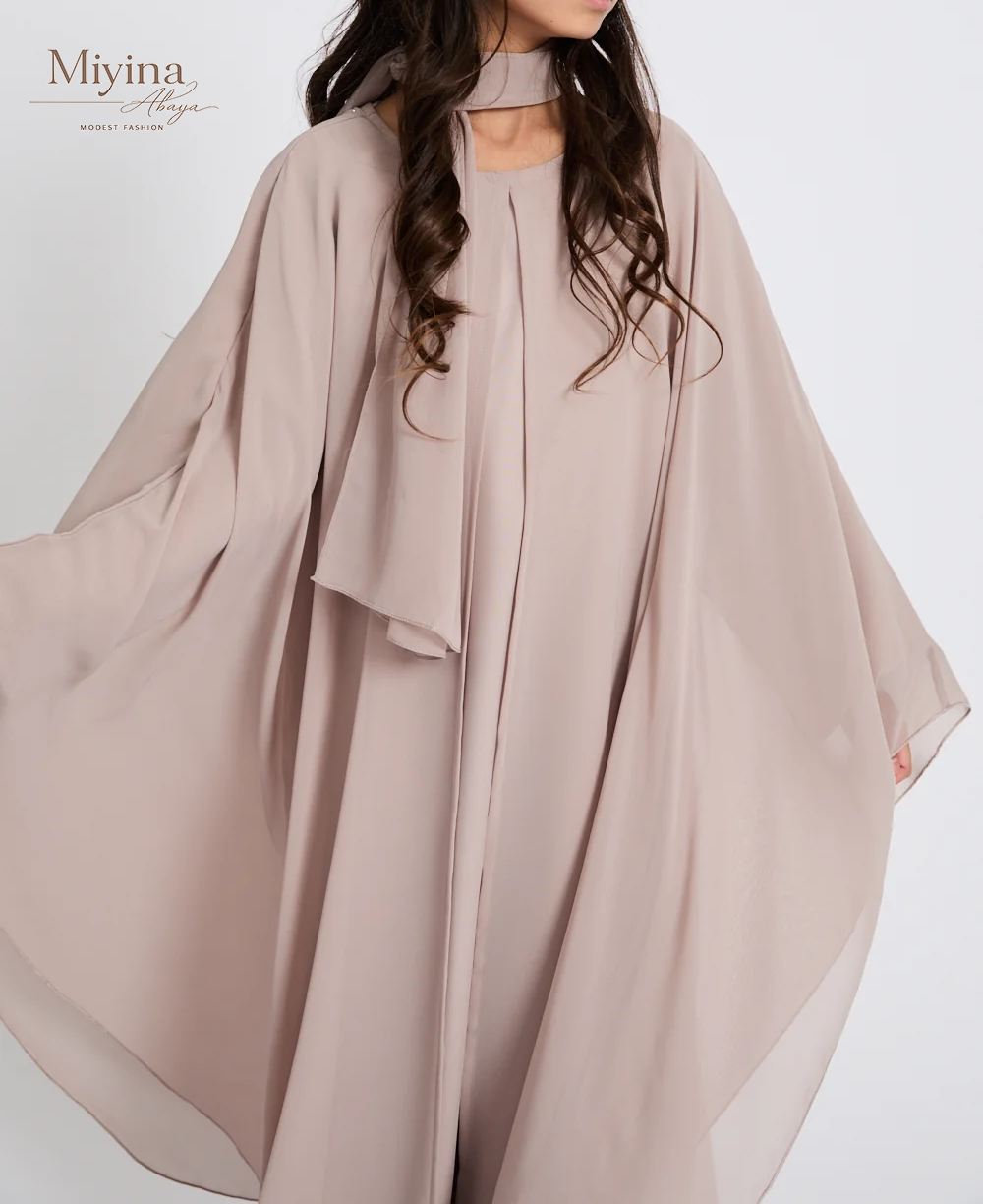Miyina Wholesale Junior Girls Closed Abaya with Butterfly Cut Misty Mink Chiffon Overlay OEMODM Manufacturer Low MOQ-sku7