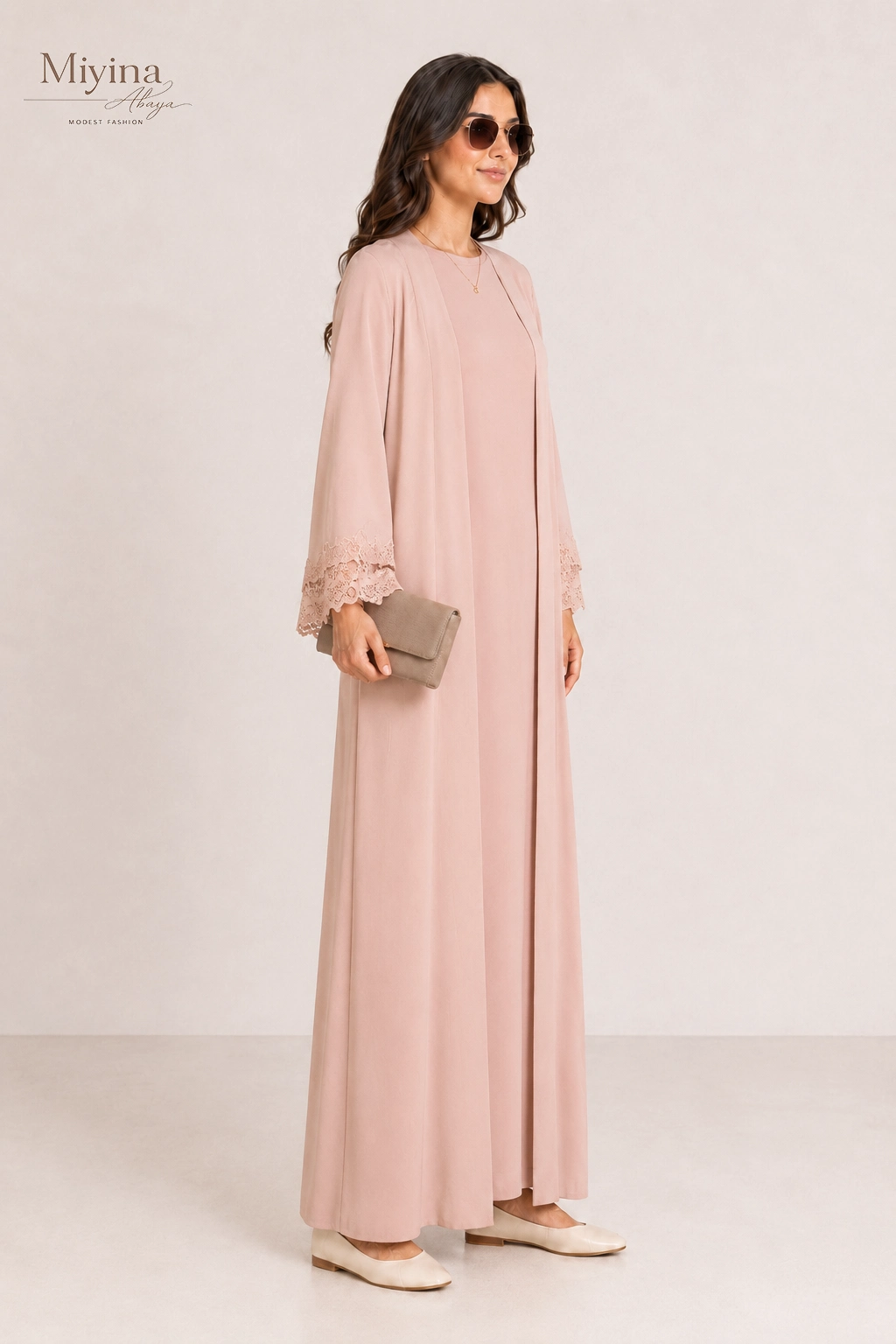 Miyina Wholesale Lace Trim Abaya Deep Rose Custom Open-Front Silhouette Muslim Manufacturer