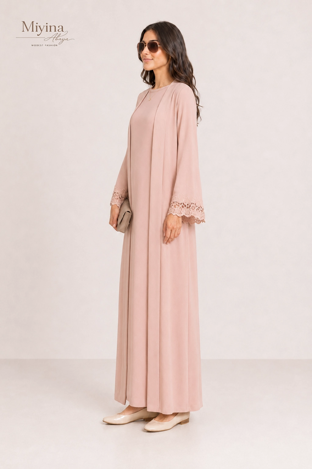Miyina Wholesale Lace Trim Abaya Deep Rose Custom Open-Front Silhouette Muslim Manufacturer