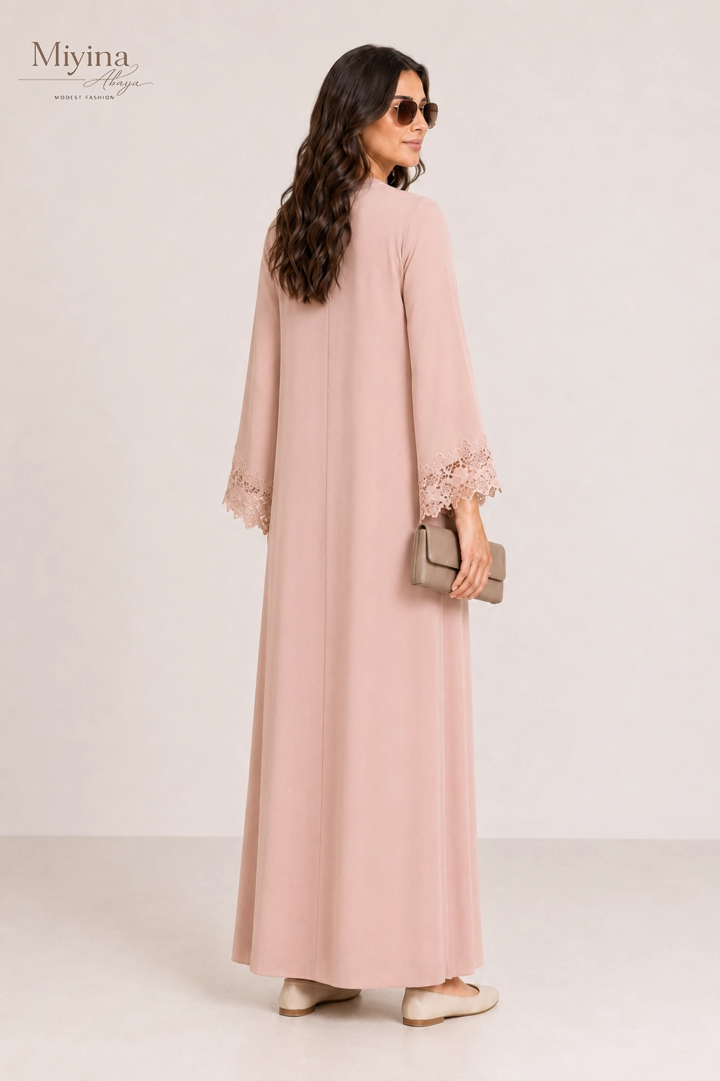 Miyina Wholesale Lace Trim Abaya Deep Rose Custom Open-Front Silhouette Muslim Manufacturer