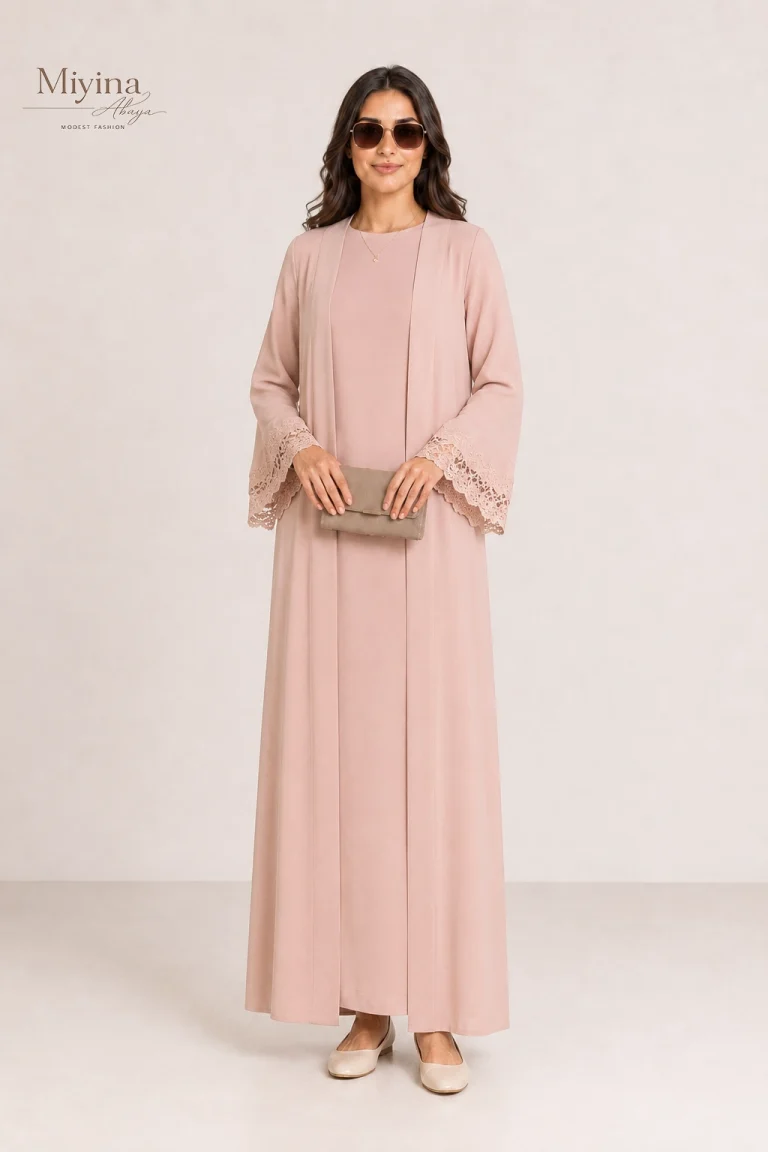 Miyina Wholesale Lace Trim Abaya Deep Rose Custom Open-Front Silhouette Muslim Manufacturer
