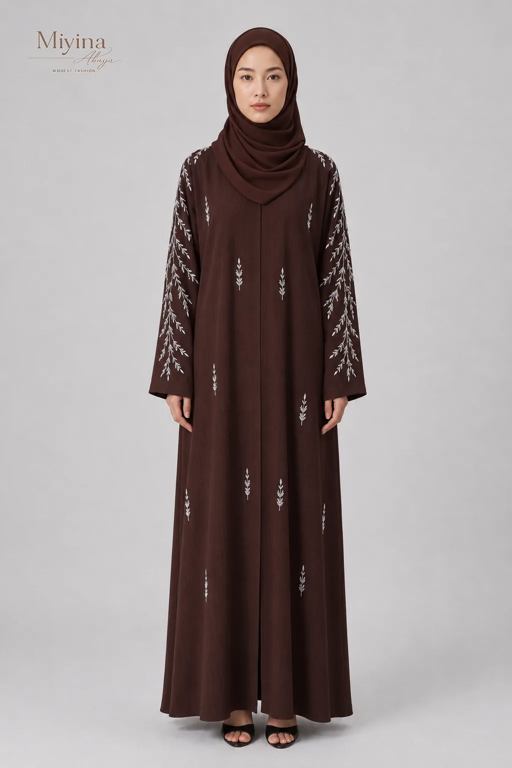 Miyina Wholesale Premium Textured Botanical Embellished Open Abaya Espresso Manufacturer