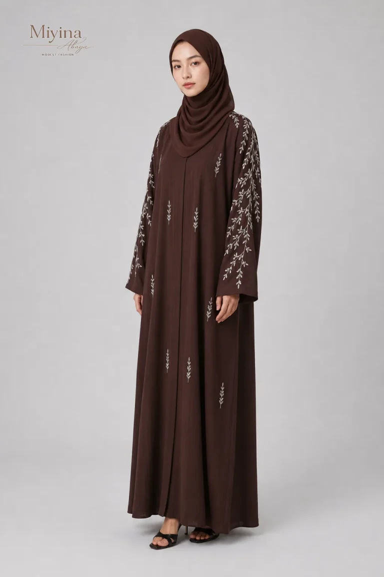 Miyina Wholesale Premium Textured Botanical Embellished Open Abaya Espresso Manufacturer