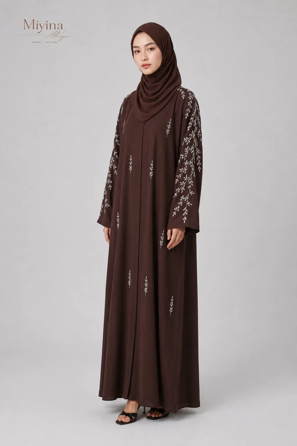 Miyina Wholesale Premium Textured Botanical Embellished Open Abaya Espresso Manufacturer