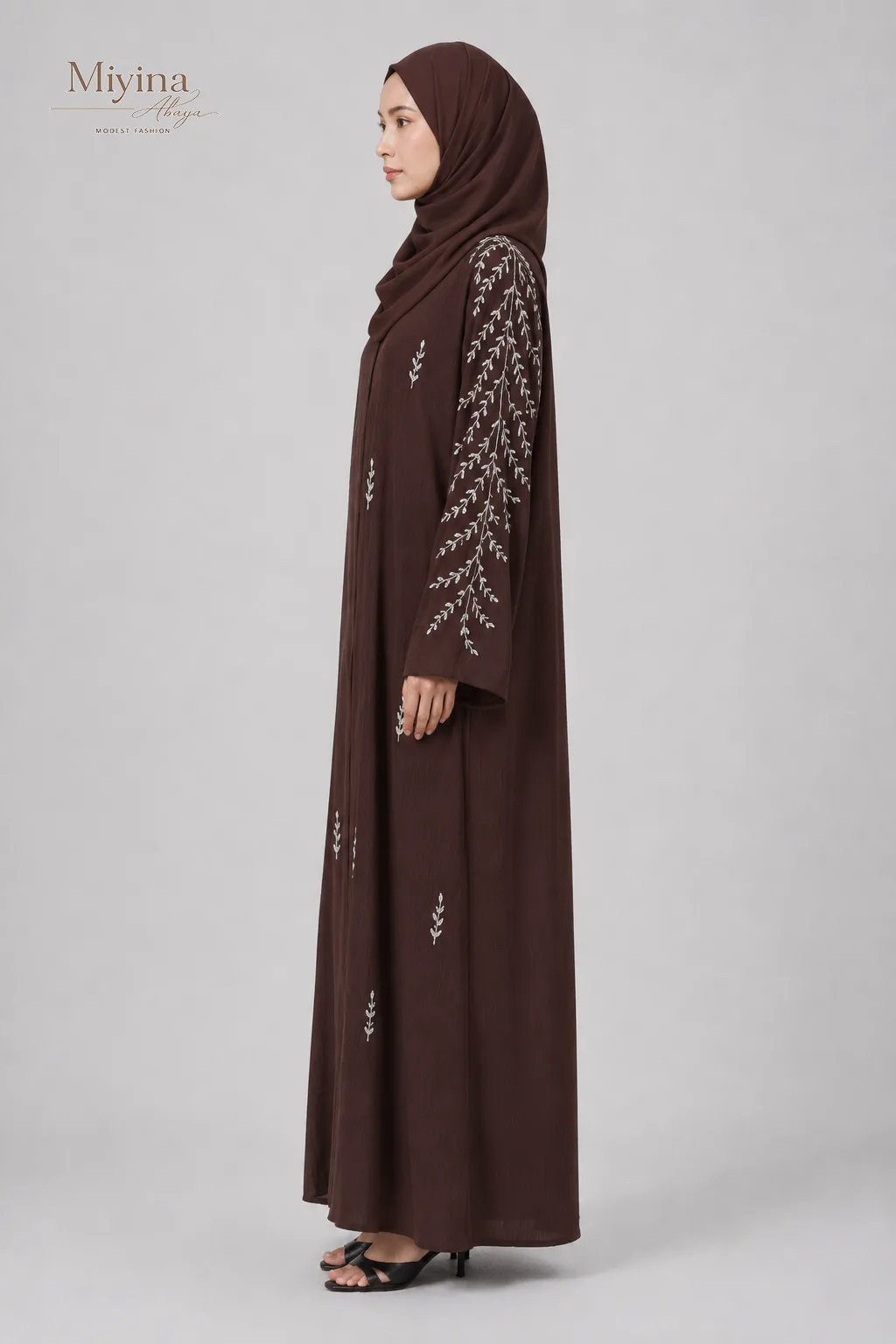 Miyina Wholesale Premium Textured Botanical Embellished Open Abaya Espresso Manufacturer