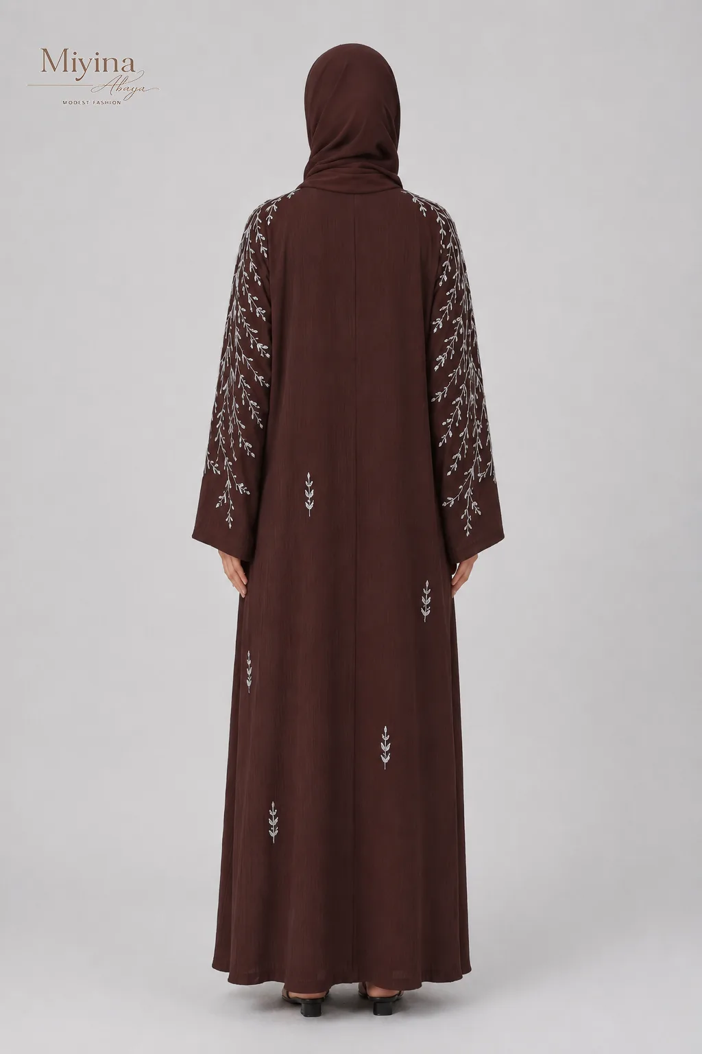 Miyina Wholesale Premium Textured Botanical Embellished Open Abaya Espresso Manufacturer