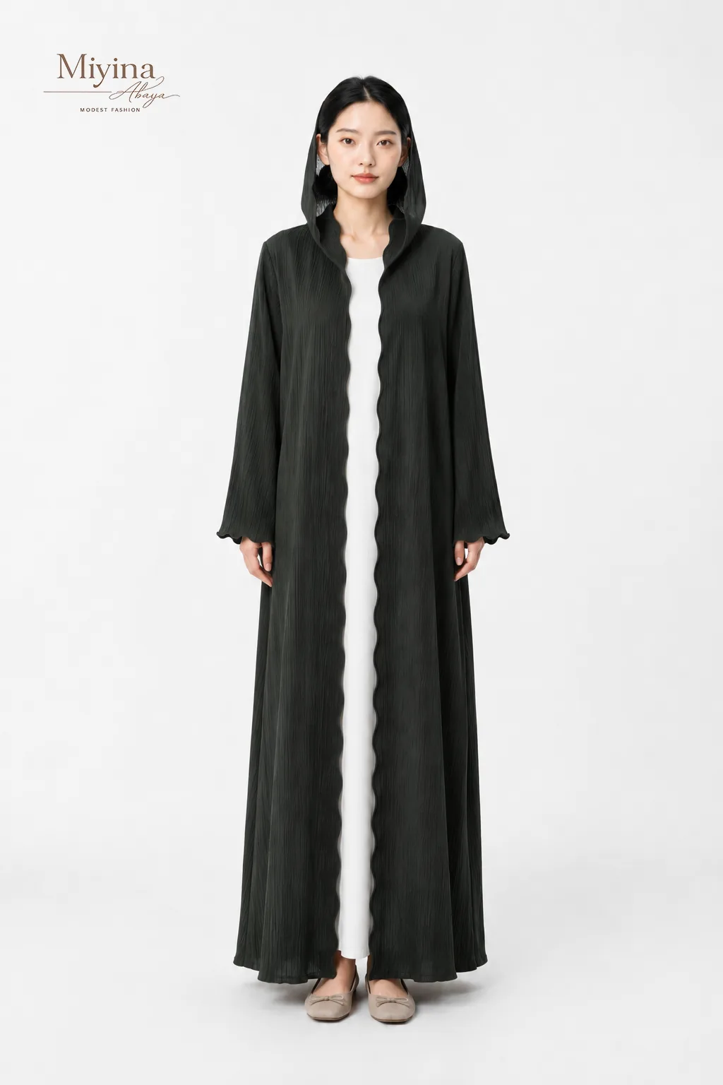 Miyina WholesaleLuxury Scallop Textured Open Abaya – Forest Green Manufacturer