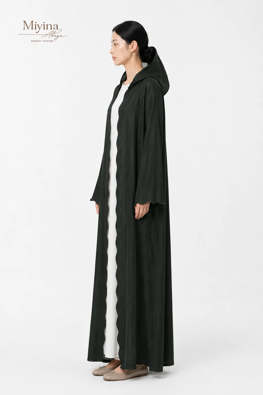 Miyina WholesaleLuxury Scallop Textured Open Abaya – Forest Green Manufacturer