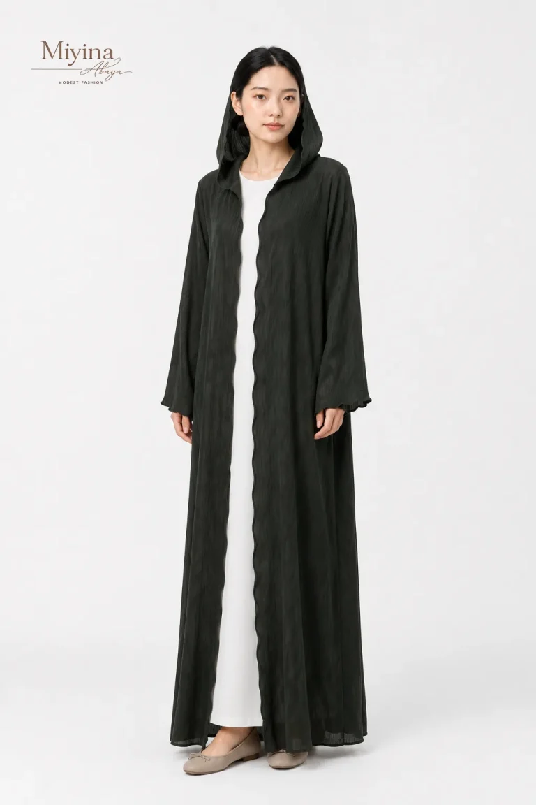 Miyina WholesaleLuxury Scallop Textured Open Abaya – Forest Green Manufacturer