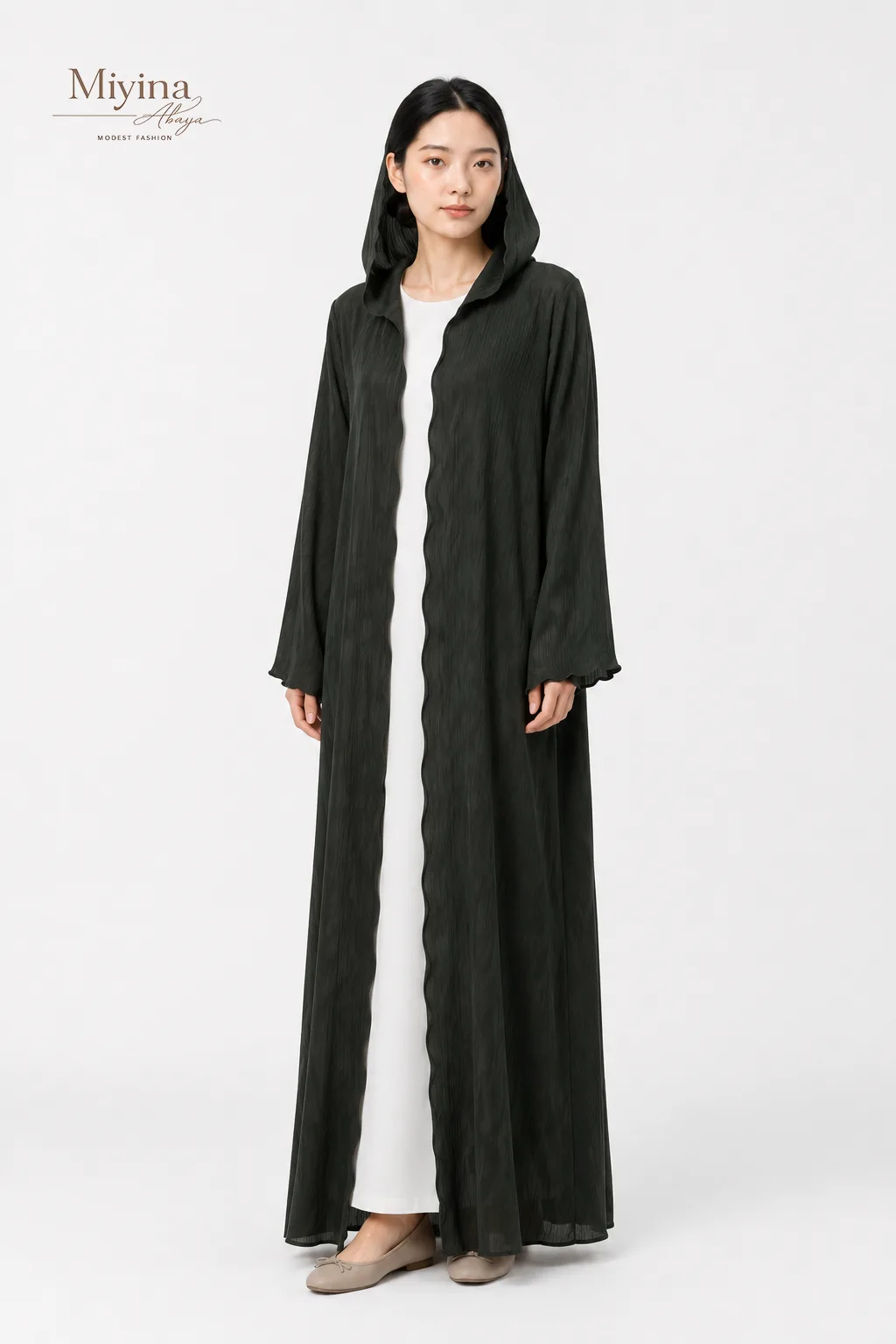Miyina WholesaleLuxury Scallop Textured Open Abaya – Forest Green Manufacturer