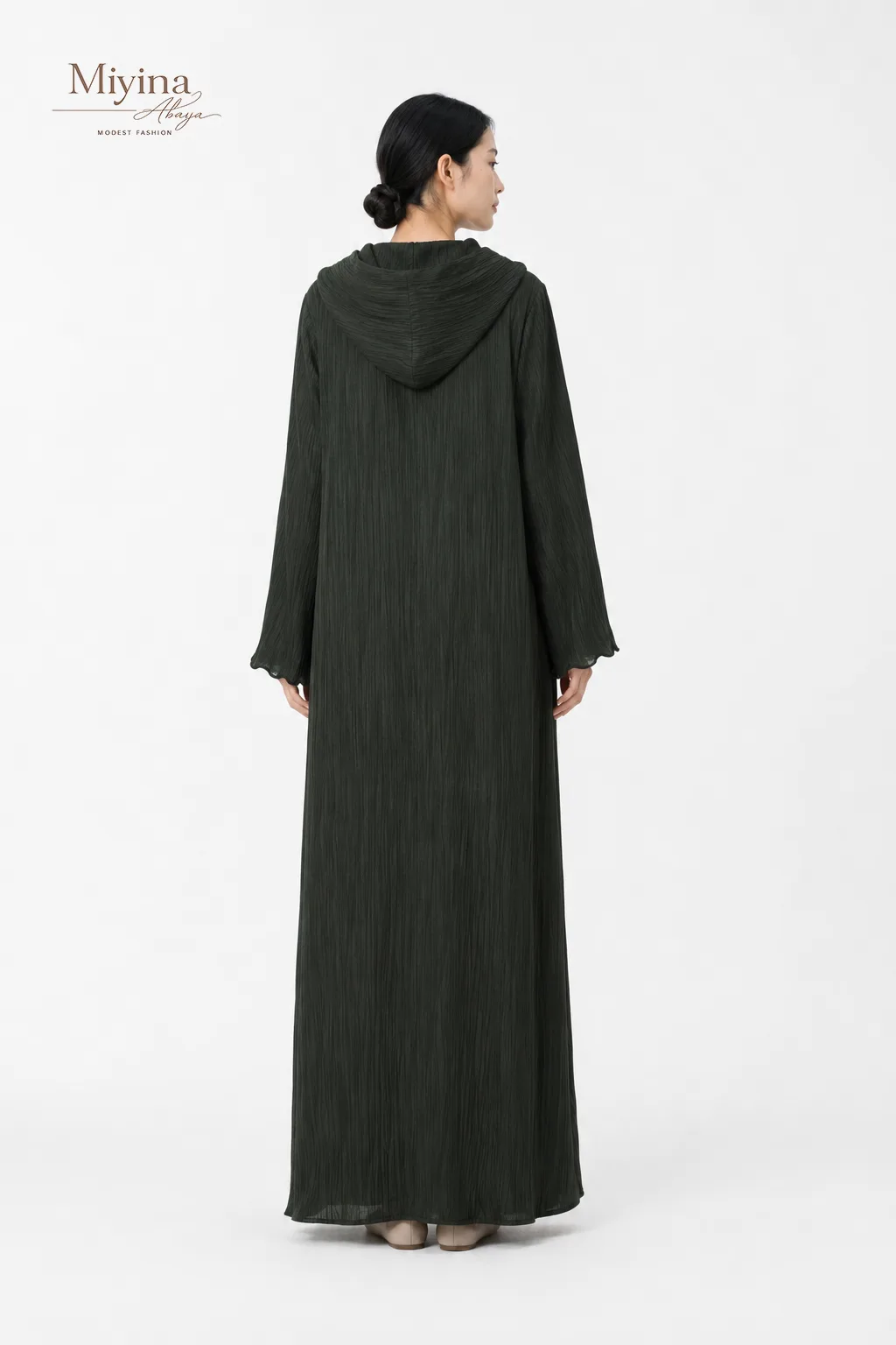 Miyina WholesaleLuxury Scallop Textured Open Abaya – Forest Green Manufacturer