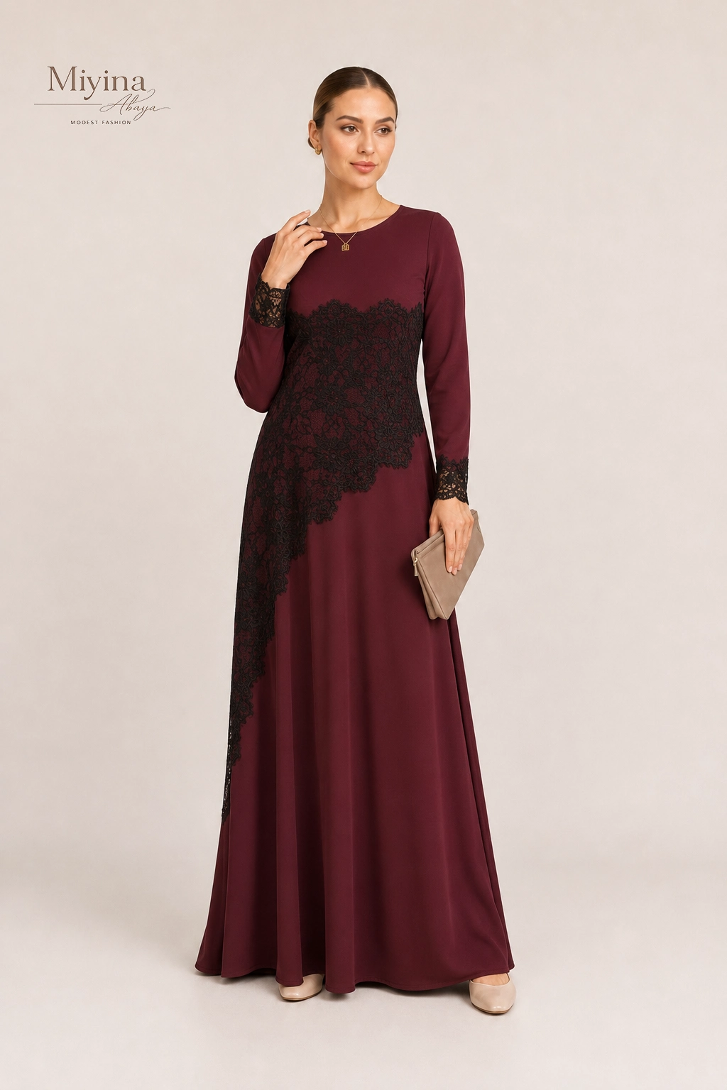 Miyina Wholesale Lace Patchwork Maxi Abaya Front View2
