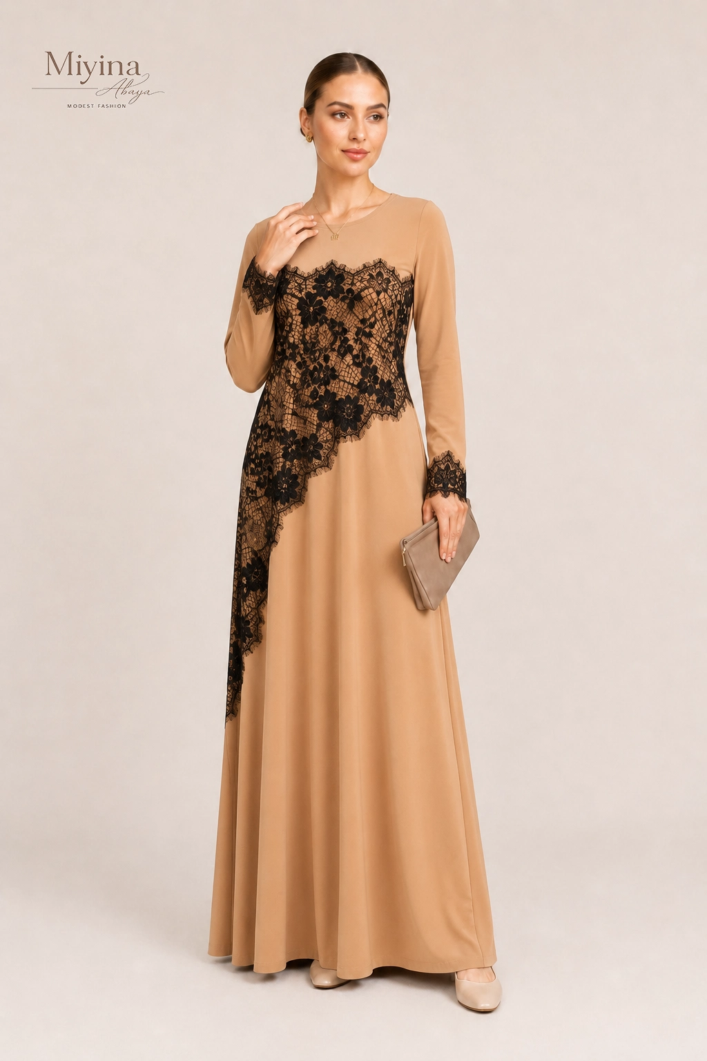 Miyina Wholesale Lace Patchwork Maxi Abaya Front View3