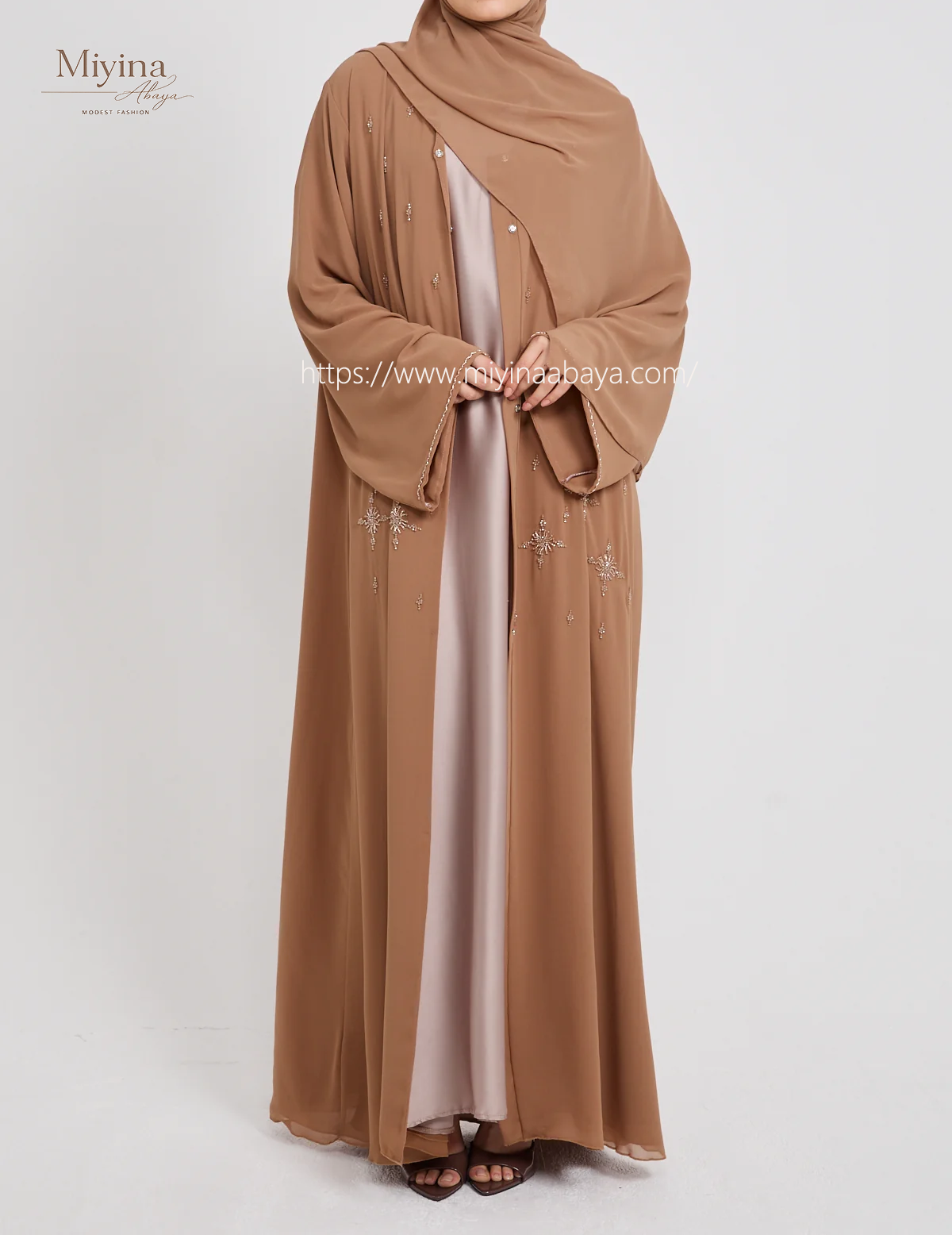 Miyina Premium Chiffon Open Abaya OEM Hand-Stitched Embellished Sahara Style 50 Pcs MOQ sku01