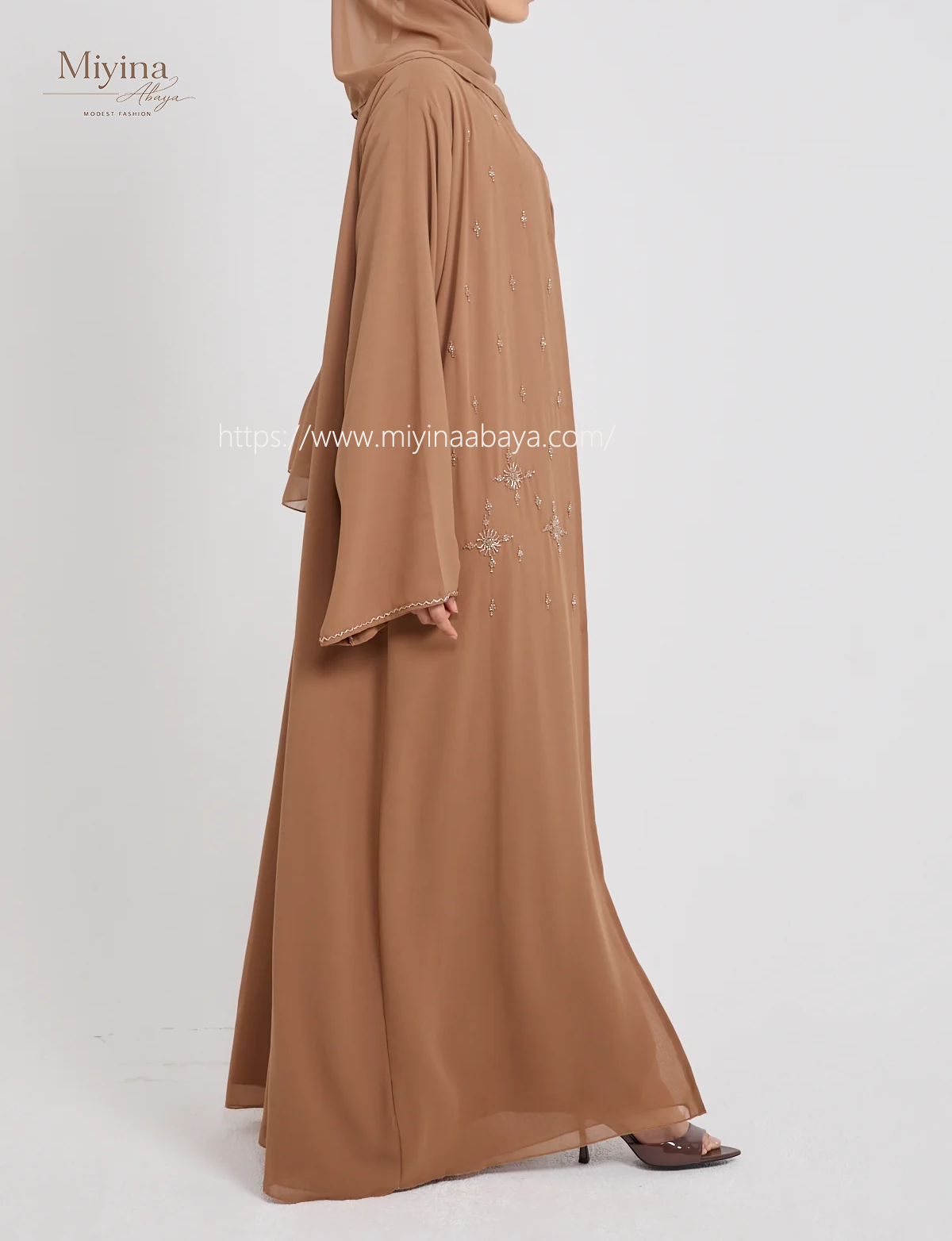 Miyina Premium Chiffon Open Abaya OEM Hand-Stitched Embellished Sahara Style 50 Pcs MOQ sku02