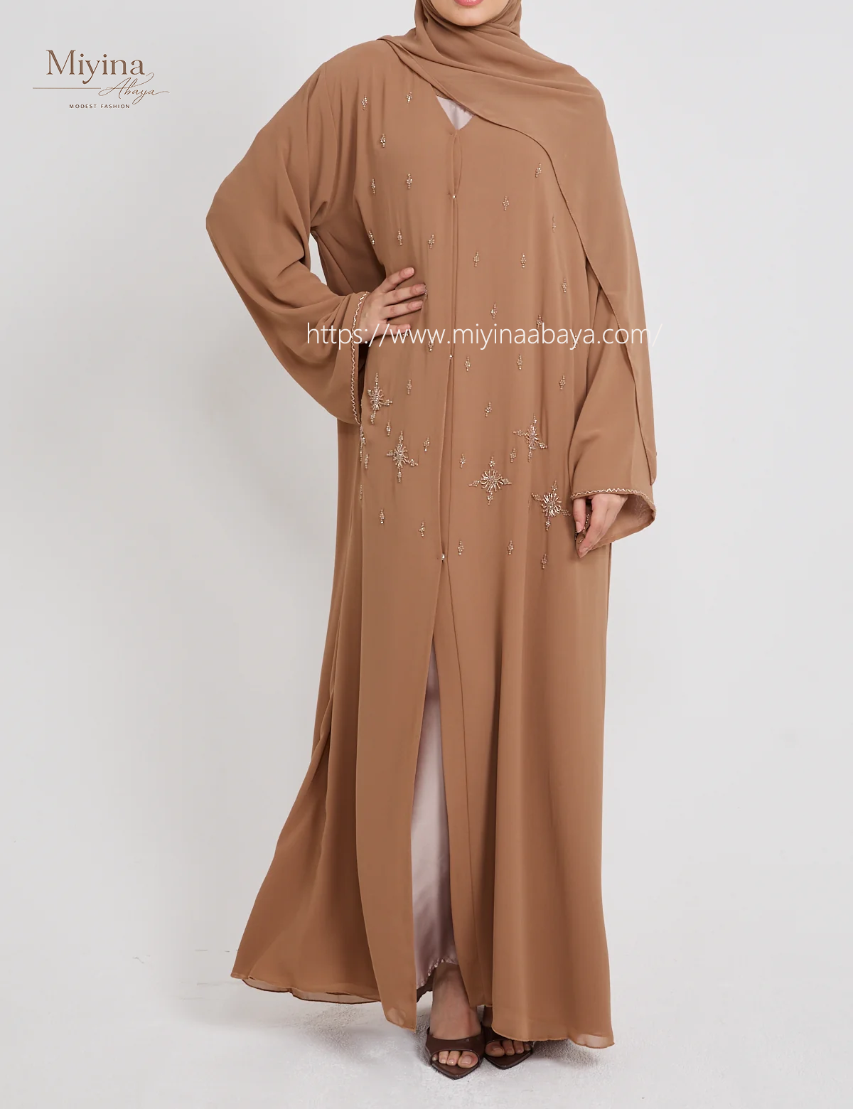Miyina Premium Chiffon Open Abaya OEM Hand-Stitched Embellished Sahara Style 50 Pcs MOQ sku04