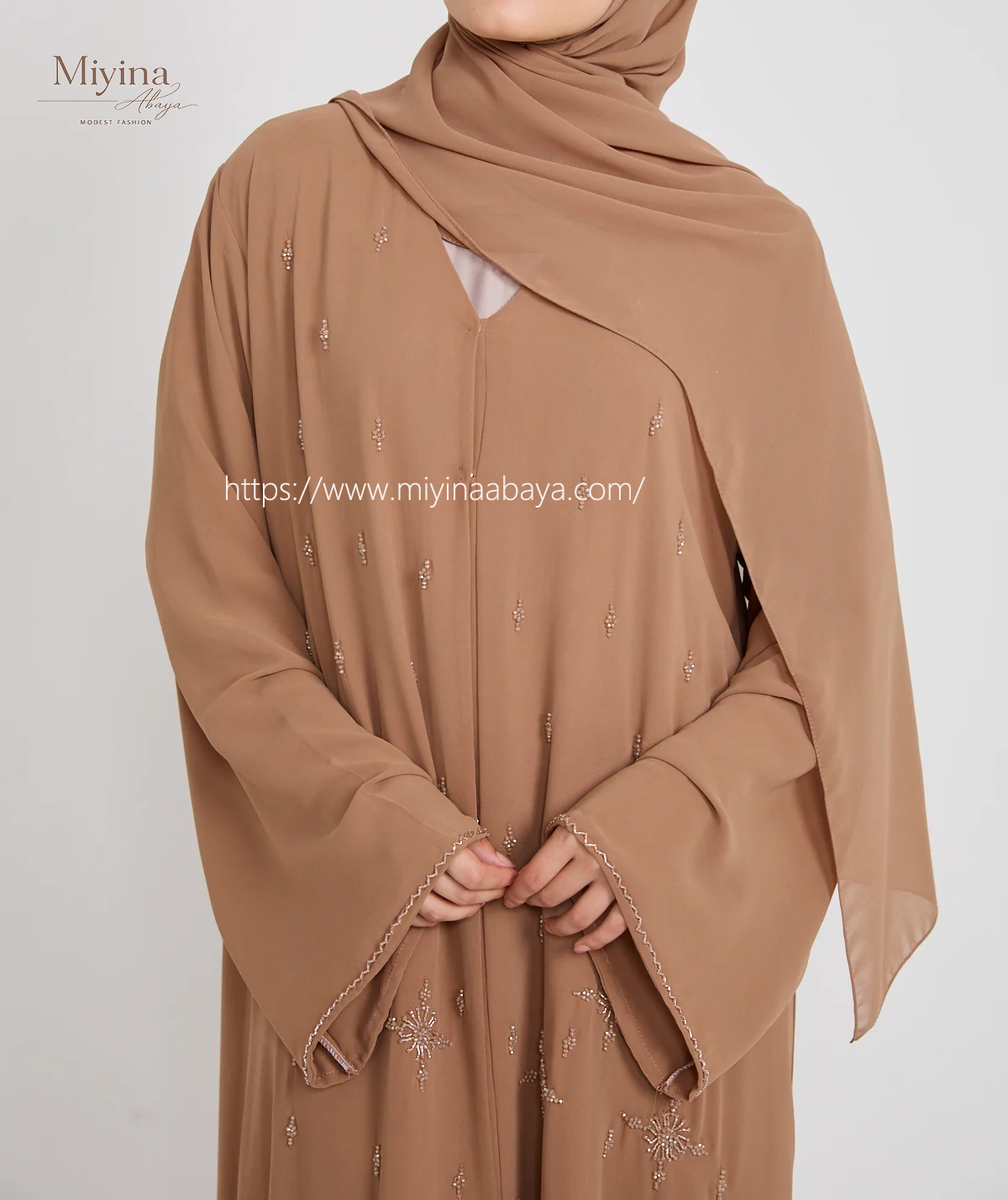 Miyina Premium Chiffon Open Abaya OEM Hand-Stitched Embellished Sahara Style 50 Pcs MOQ sku05