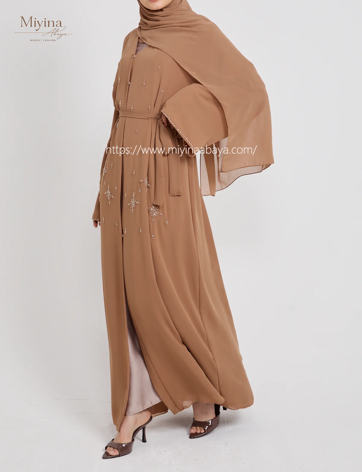 Miyina Premium Chiffon Open Abaya OEM Hand-Stitched Embellished Sahara Style 50 Pcs MOQ sku07